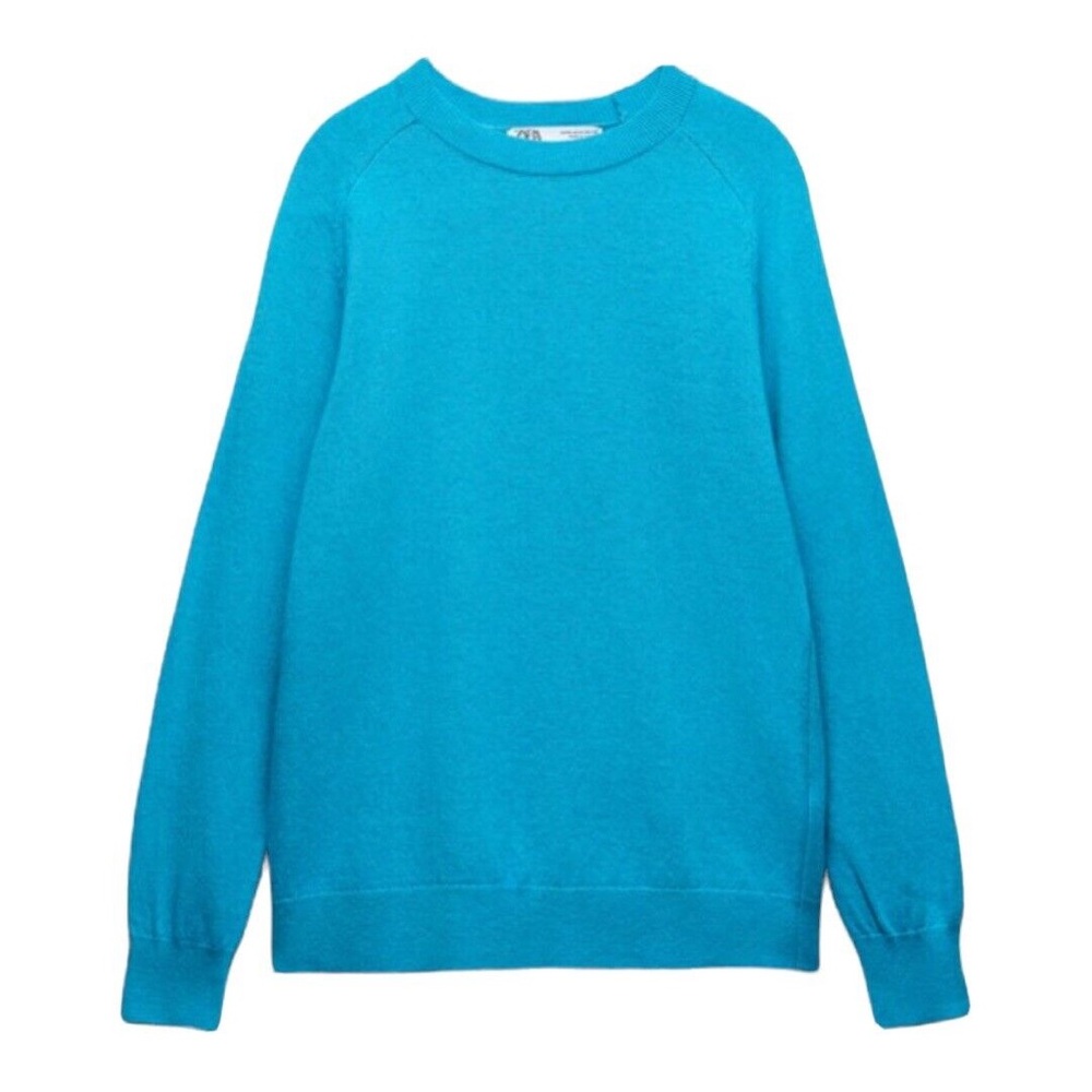 ❤️ ZARA Cashmere Wool Blend Crewneck Turquoise Sweater Knit Jumper Size Small